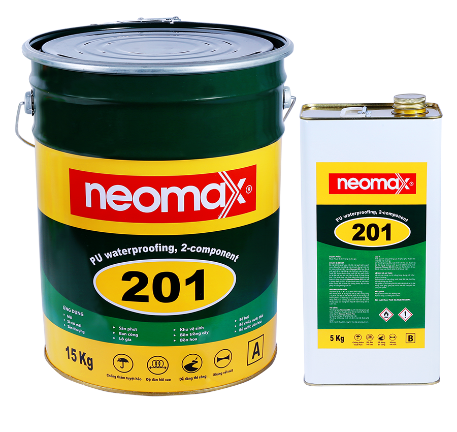 Neomax® 201-Dùng để tạo ra lớp phủ chống thấm cho: Mái, sê nô mái; sân thượng; sân phơi; ban công; lô gia; Bồn trồng cây; bồn hoa; Khu vệ sinh; Bể bơi; bể chứa nước thải; bể nước cứu hoả