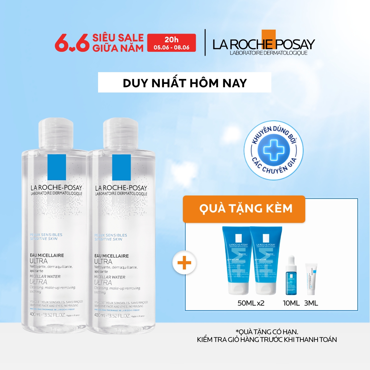 Bộ đôi nước làm sạch sâu và tẩy trang cho da nhạy cảm La Roche-Posay Micellar Water Ultra Sensitive Skin 400ml