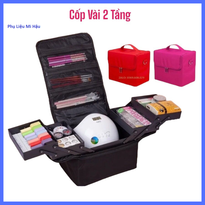 Cốp vải 2 tầng có dây đeo đựng đồ nail,mi,makeup,cốp vải để đồ phun xămtrang điểm _túi đựng mỹ phẩm dụng cụ làm móng đa năng loại lớn