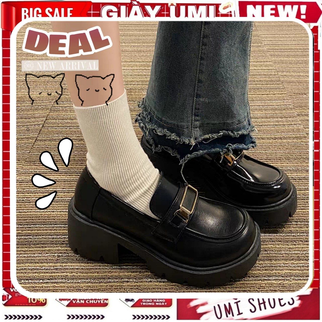 LOẠI 1FULL BOX Giày Lười Oxford Móc Chữ Nhật LOAFER Ulzzang màu Đen/Kem Đế Cao 6cm dáng Lolita mới đẹp thời trang