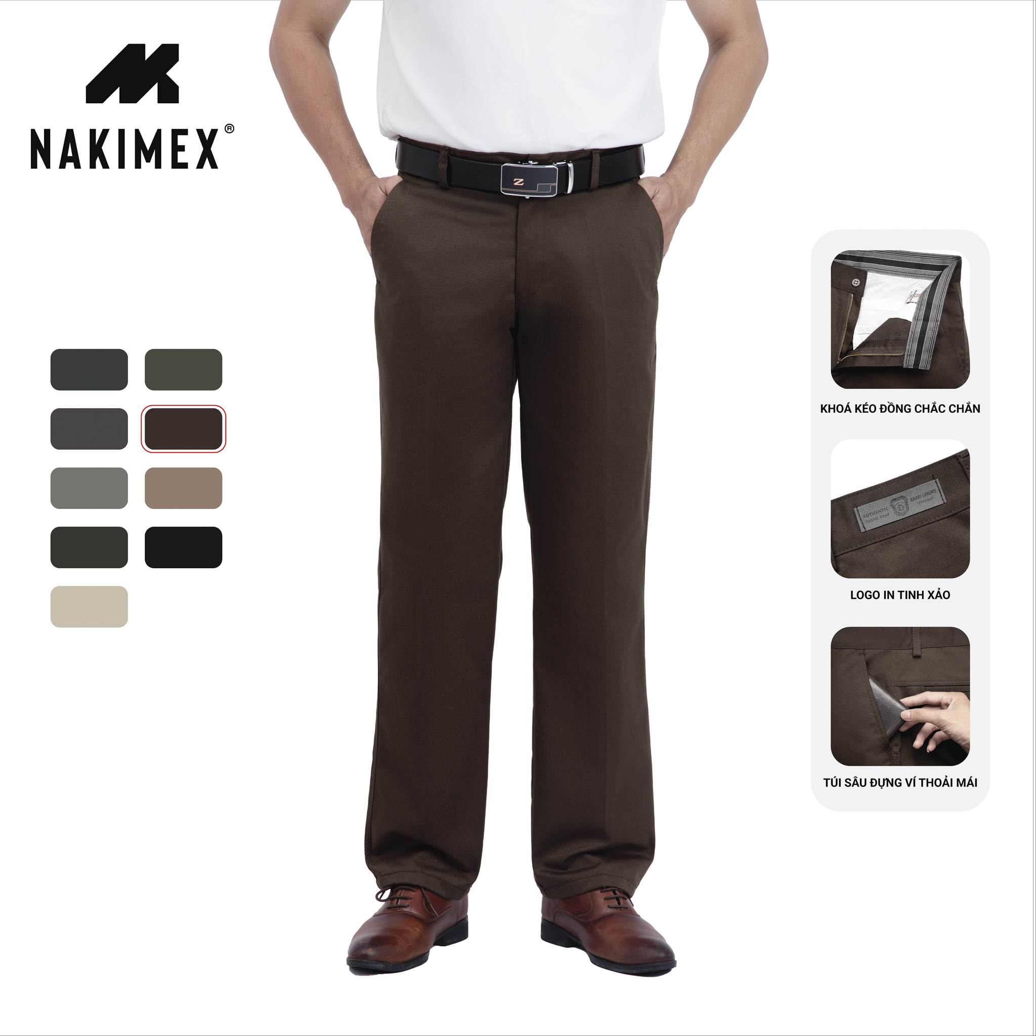 Quần Kaki Nam Trung Niên Màu Nâu Ống Suông Vải Dày Dặn Mềm Không Nhăn Form Chuẩn Mặc Đi Làm