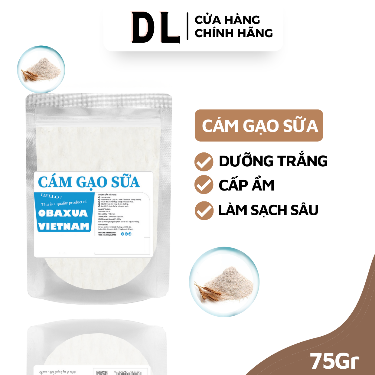 Bột cám gạo sữa nguyên chất Obaxua - Giúp dưỡng trắng da mặt 75Gr