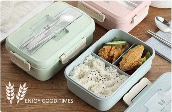 Khay đựng cơm lúa mạch 3 ngăn tặng kèm đũa và thìa