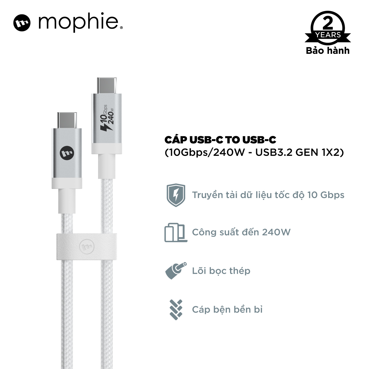 Cáp USB-C to USB-C mophie 1.5M, thiết kế chắc chắn, hỗ trợ truyền dữ liệu cao - Hàng chính hãng