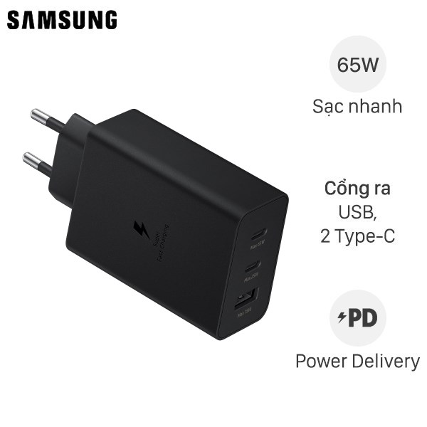 CHÍNH HÃNG BỘ SẠC NHANH SAMSUNG 3 cổng 65W T6530 Fullbox nguyên seal 3 Cổng Sạc: 2 Cổng USB-C/1 Cổng USB-A Power Trio Adapter, Sạc Siêu Nhanh ,Không Nóng Máy , Bảo Vệ Pin, Sạc Nhanh Dành Cho Các Dòng Smartphone Và Laptop ,Bảo Hành Chính Hãng