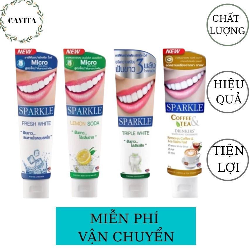 [FreeShip] Kem Đánh Răng Siêu Trắng Sparkle 100g Thái Lan CAVITA giúp loại bỏ các vết ố vàng do coffee, thuốc lá và khử mùi hôi miệng cho răng trắng sáng, hơi thở thơm mát, diệt sạch vi khuẩn, bảo vệ sức khỏe