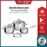 Bộ nồi inox 5 đáy Sunhouse SHG688 - Gồm 3 nồi 16/20/24cm - Inox cao cấp - Đáy 5 lớp - Dùng mọi loại bếp