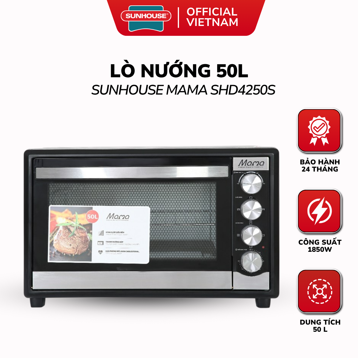 Lò Nướng Điện 50L Sunhouse Mama SHD4250S - Công Suất 1850W, Thanh Nhiệt Kép Trên Dưới