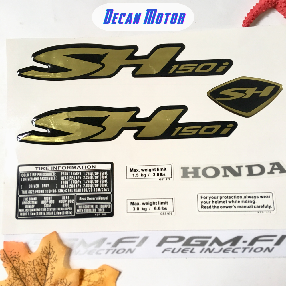Tem dán xe SH 150i, logo xe SH đời 2010, bộ tem dán xe SH 150i chất liệu nhựa dẻo có keo dán sẵn, đủ các chi tiết, 2 màu vàng và bạc
