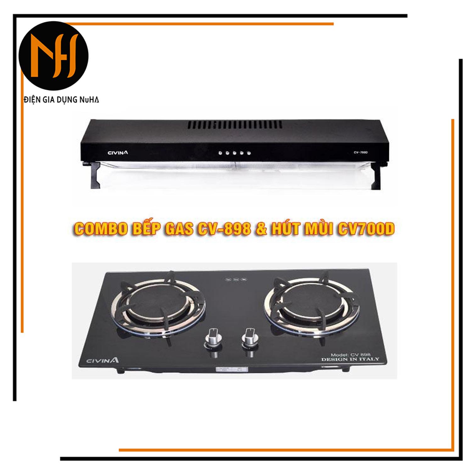 Combo bếp gas đôi âm hồng ngoại cao cấp civina cv-898 + máy hút mùi civina cv-700b