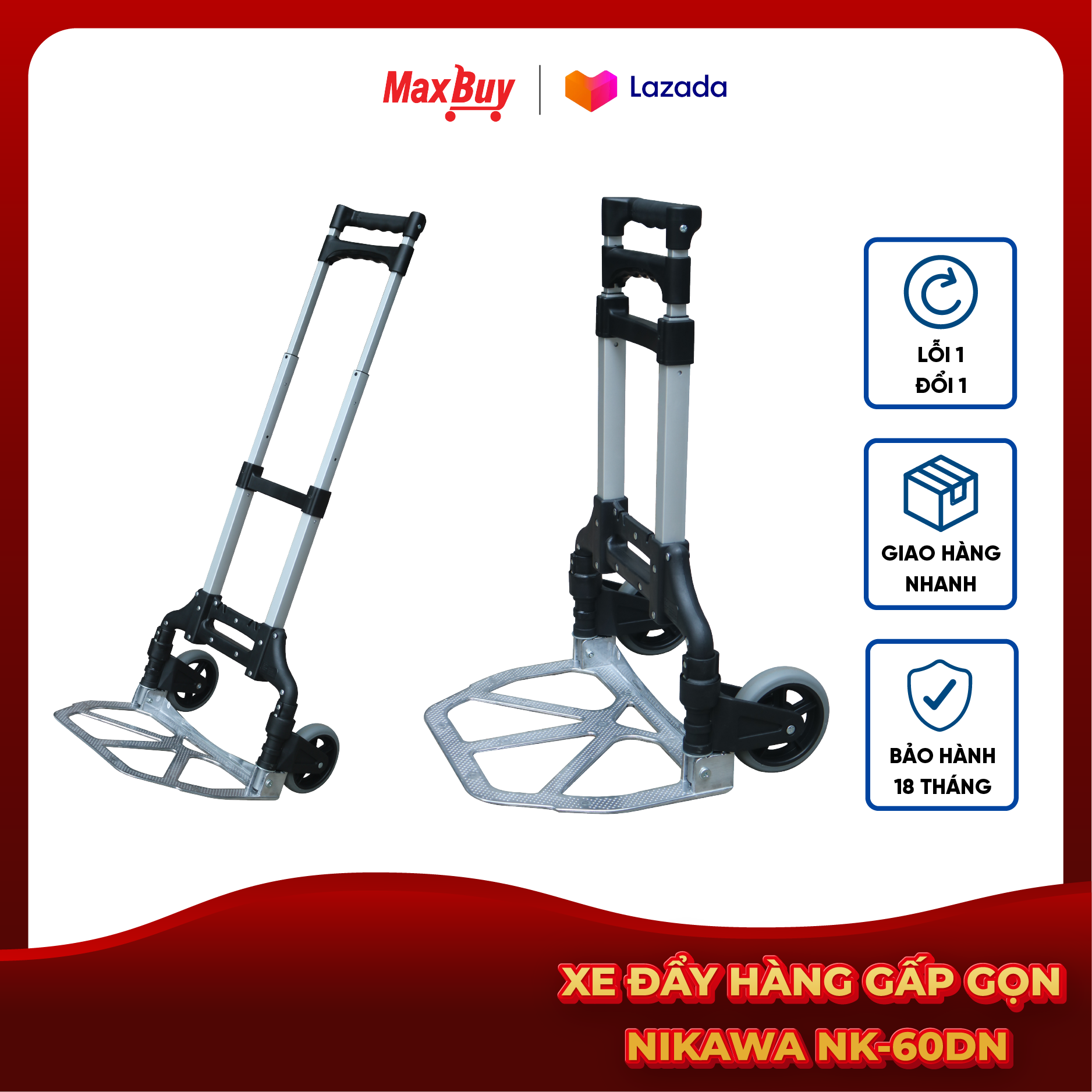 Xe đẩy hàng 2 bánh đa năng nikawa tải trọng 80kg gấp gọn bảo hành 12 tháng nk-60dn