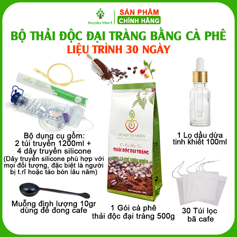 Bộ thải độc đại tràng bằng cà phê (Bộ 30 ngày) gồm cafe enema, túi và dây silicone giúp thải độc, tốt cho người táo bón, ngừa ung thư đại tràng