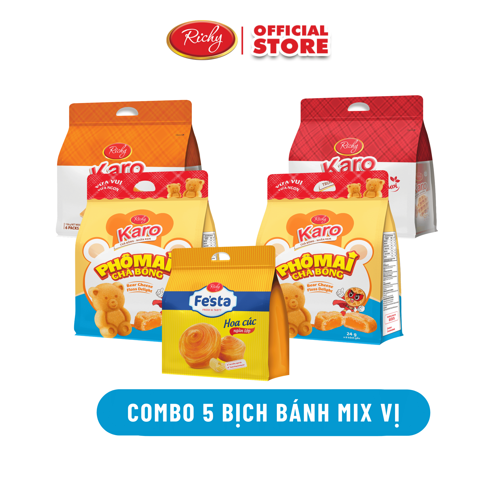 [BAO BÌ MỚI] Combo 5 Bịch Bánh Karo Gấu  chà bông phô mai mix vị, Bánh Karo chà bông sợi gà, Bánh mì hoa cúc Fes'ta, Bánh ăn sáng, Bánh kẹo Richy
