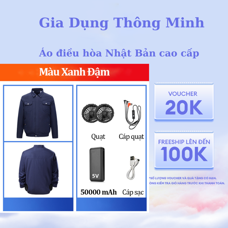 Áo Điều Hòa Nhật Bản Quạt Mini Siêu Mát 3 Cấp Độ Không Chổi Than Siêu Êm Mát Lạnh Tức Thì Pin Trâu 50000mAh Dùng 1524h Kiêm Sạc Dự Phòng Đa Năng Vải Polyester Siêu Thoáng Khí Chống Thấm Chống Tia UV Bảo Hộ Lao Động