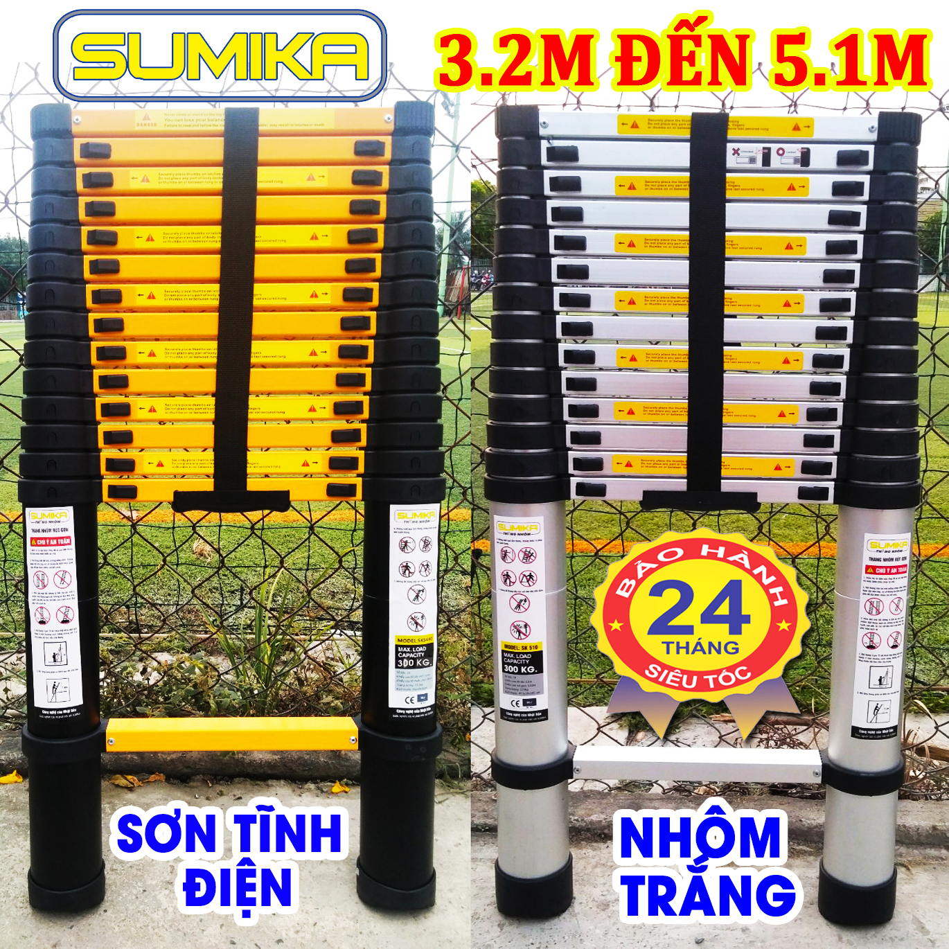  2 Mẫu thang nhôm rút xếp đơn chính hãng SUMIKA  cao từ 3.2M đến 6M  bảo hành 2 năm tải trọng 300kg thang đa năng,SK320,SK380,SK440,SK510,SK600,SKS380,SKS440,SKS510 