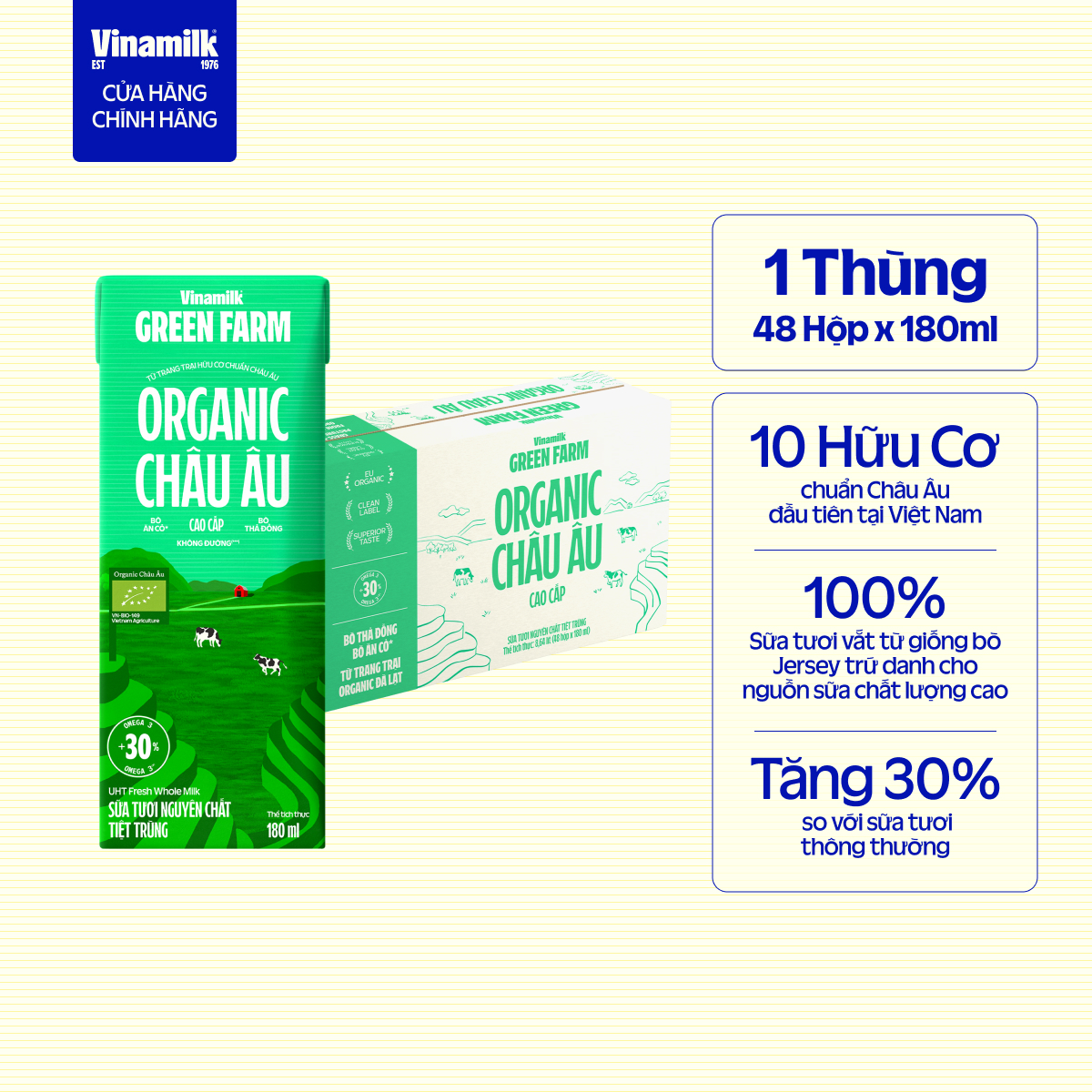 Thùng 48 hộp Sữa Tươi Tiệt Trùng Vinamilk 100% Green Farm Organic 180ml