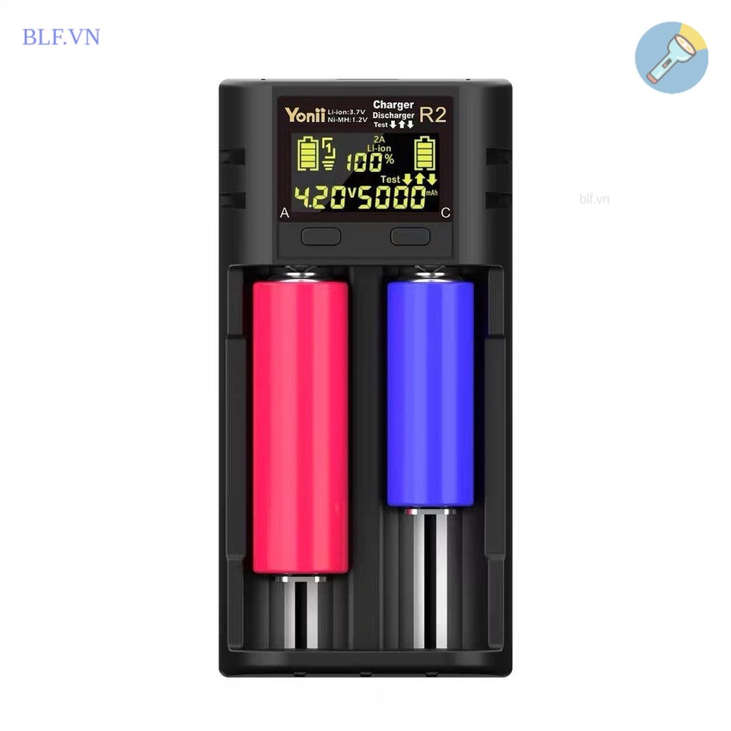 Bộ sạc đôi - 2 khe yonii r2 lcd sạc - xả - đo dung lượng pin 3.7v 1.2v 18650 21700 26650 aa aaa type c 2a