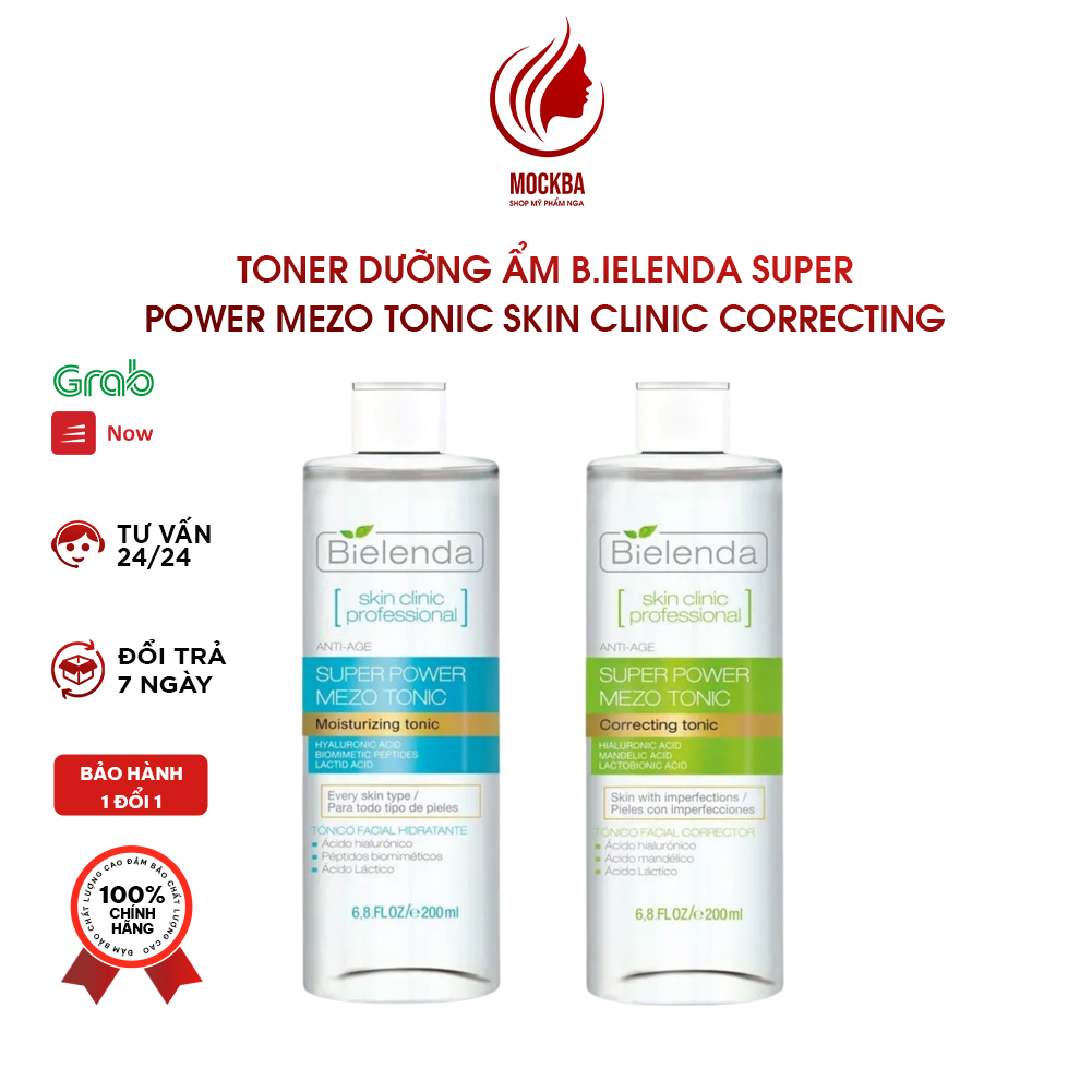 Toner dưỡng ẩm Bielenda Hàng Nga, 200ml,  mầu xanh lá, xanh dương, Super Power Mezo Tonic Skin Clinic Correcting làm căng bóng, mờ thâm, cấp nước, se khít da: ShopMyPhamNga_Mockba