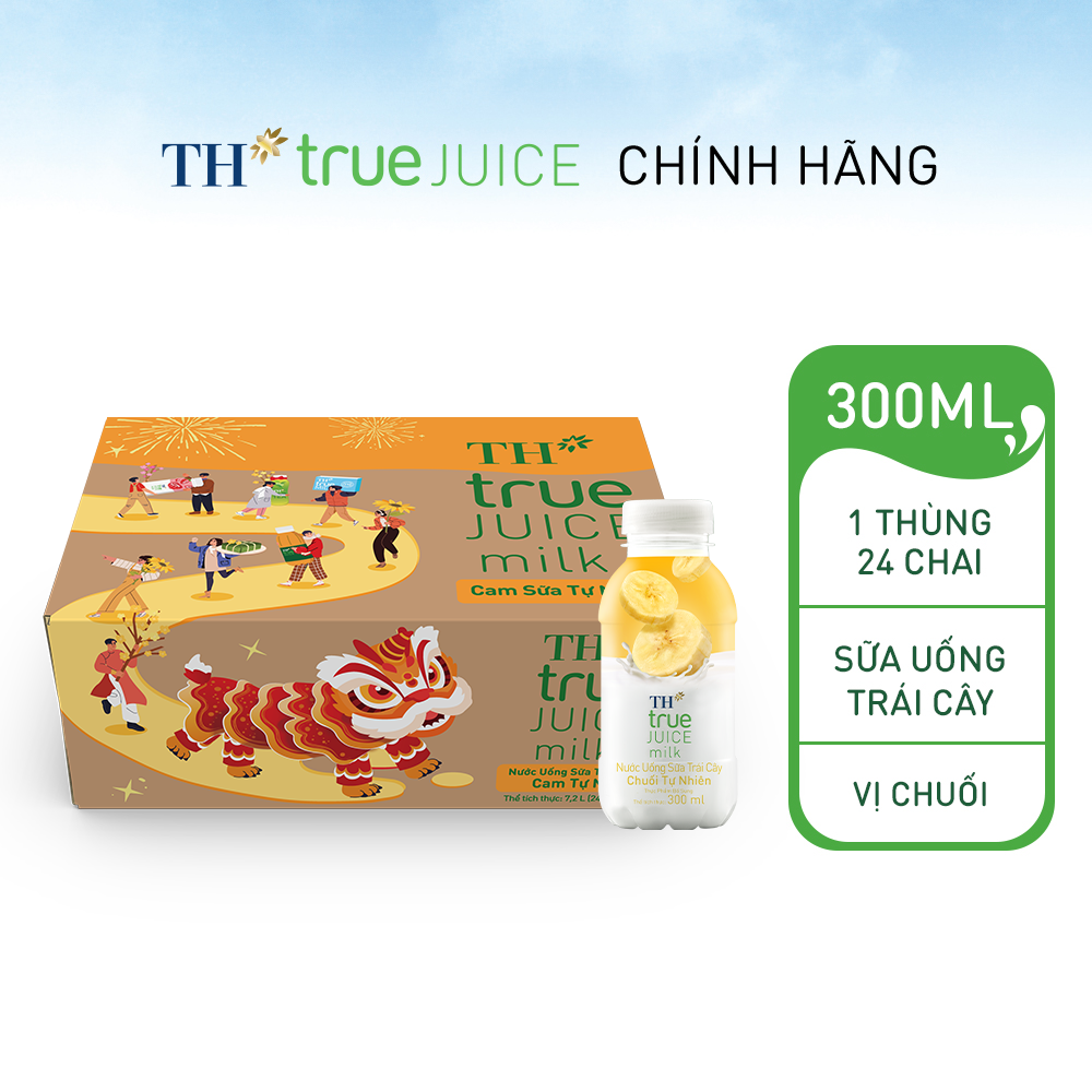 Thùng 24 chai nước uống sữa trái cây TH true JUICE milk vị chuối tự nhiên 300 ml (300 ml x 24)