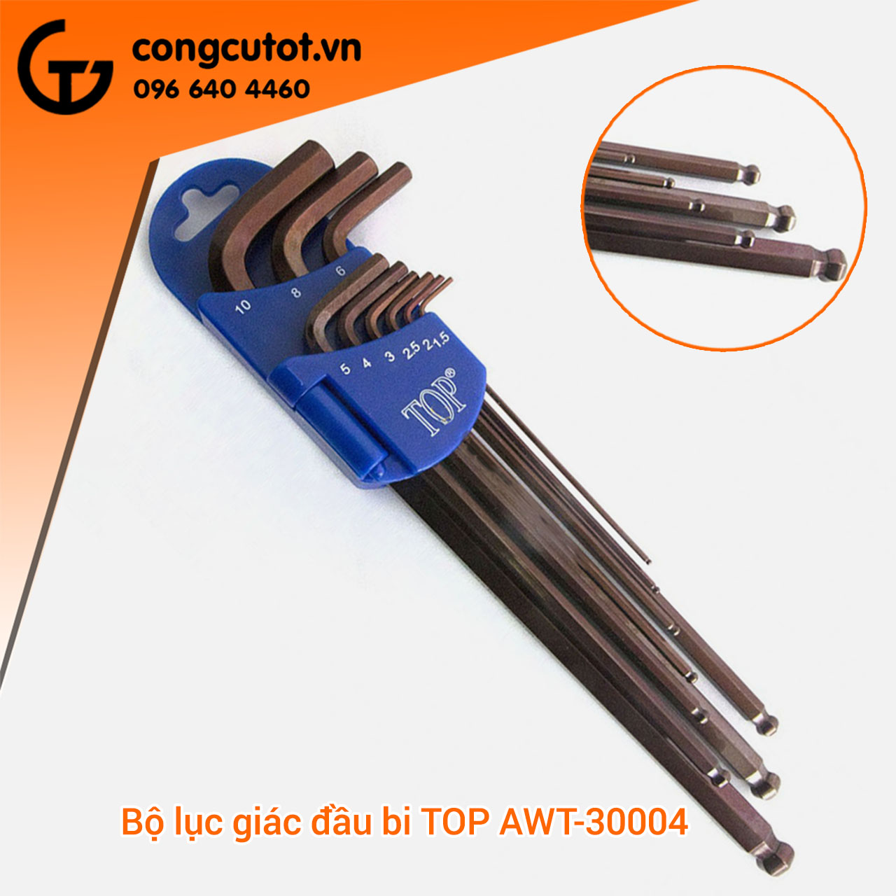 Bộ lục giác đầu bi 9 cây hệ mét xi nâu TOP AWT-30004-BK
