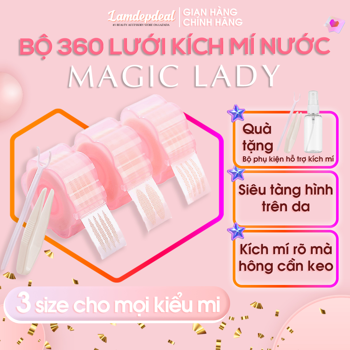 Combo 360 lưới kích mí Magic Lady thế hệ mới không cần keo - Miếng dán mắt hai mí kích hoạt độ dính khi có nước - Kích mí siêu nhanh và rõ, 3 size phù hợp với nhiều kiểu mí. - Lamdepdeal
