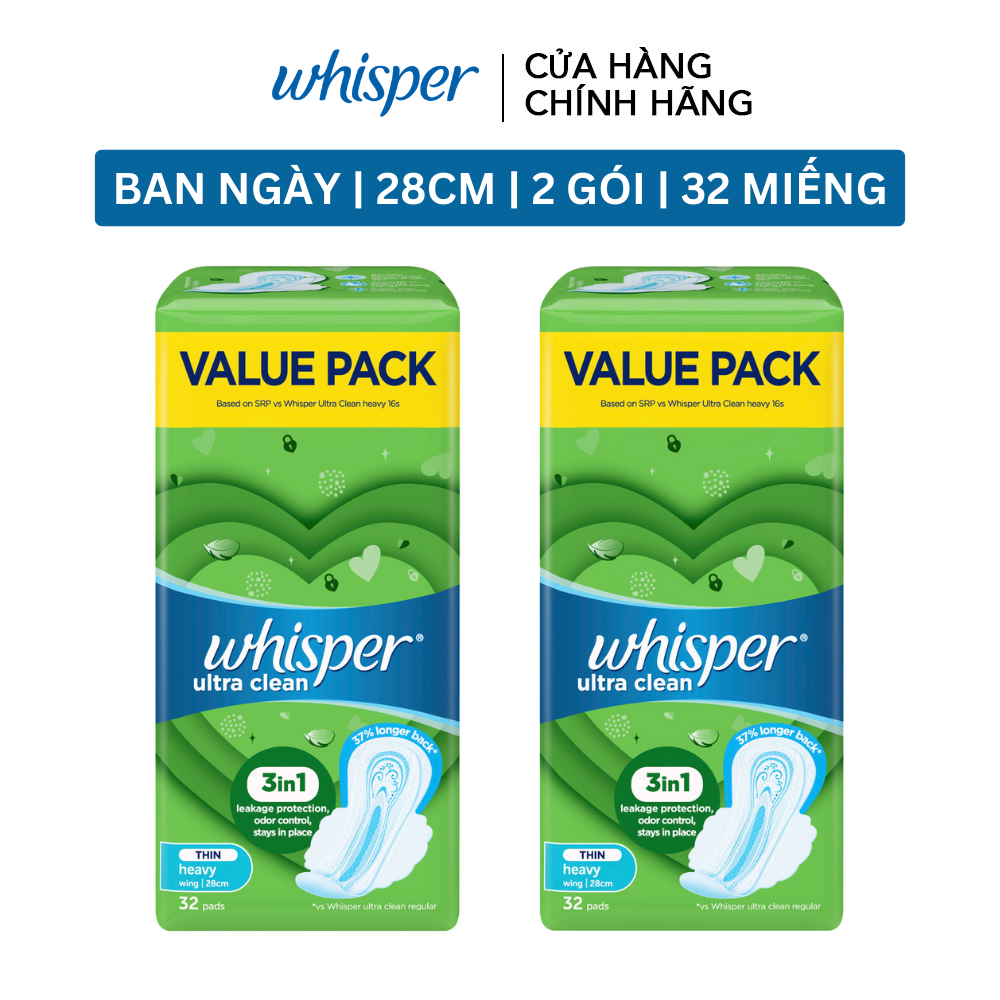 Combo 2 Băng Vệ Sinh WHISPER Ultra Clean Khô Thoáng Siêu Mỏng Cánh 28 CM