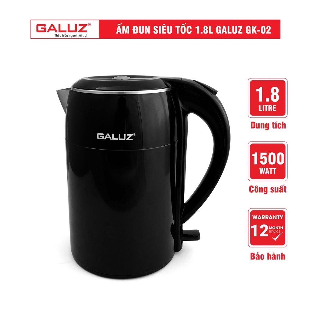Ấm đun nước siêu tốc galuz gk-02, dung tích 1.8l, công suất 1500w, thân ấm bằng inox 304 cách nhiệt
