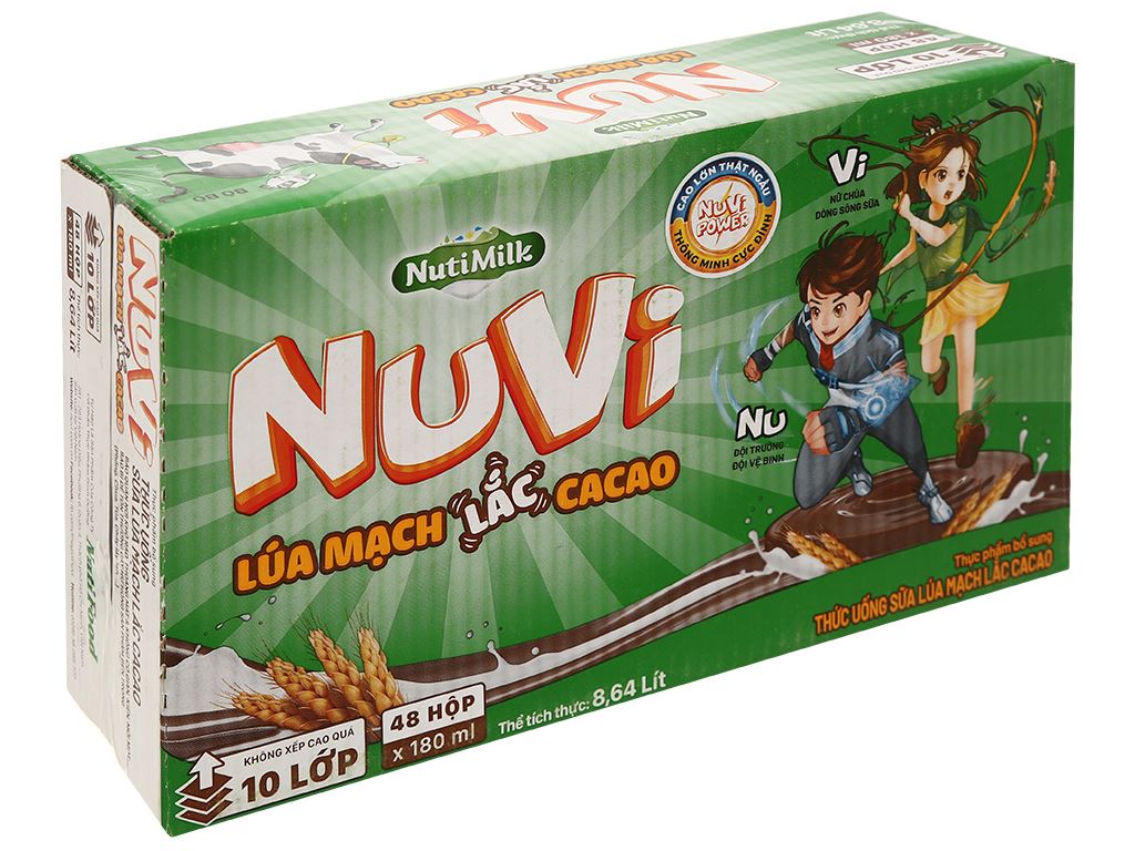 Thùng 48 hộp nuvi thức uống sữa lúa mạch lắc cacao 180ml/hộp