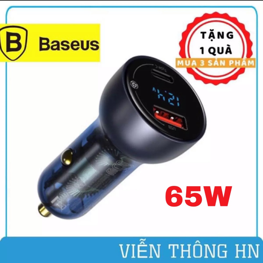 Tẩu sạc nhanh baseus 65w qc 4.0 qc 3.0 cổng usb + type c cho oto - củ sạc hiển thị led  cho các dòng  xe hơi ô tô ...