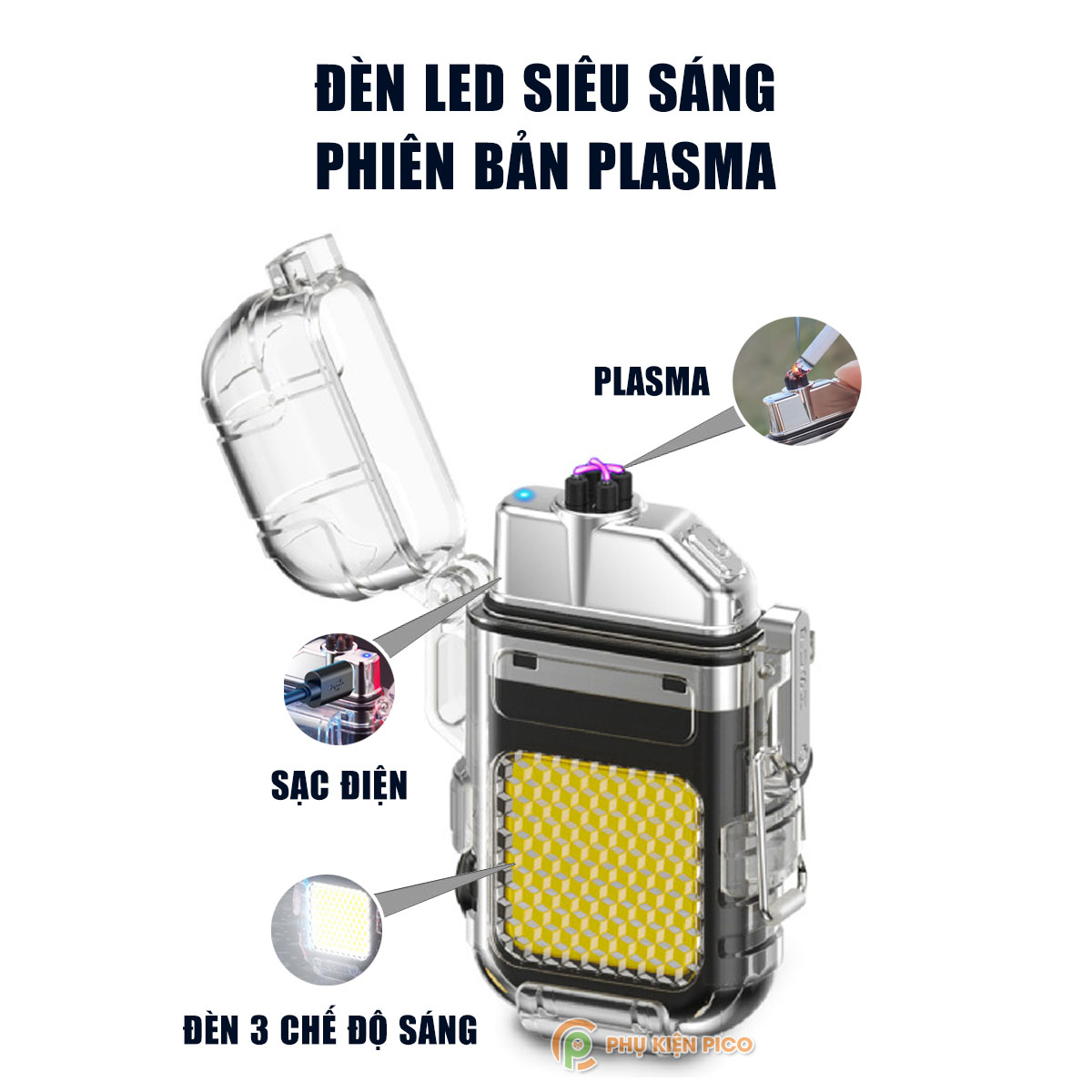 Bật lửa điện độc lạ sạc pin công nghệ điện tử tạo 4 tia plasma chống gió có đèn led chống nước