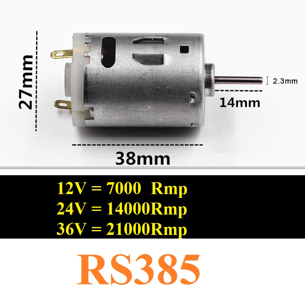 Động cơ motor rs385 12-36vdc trục 2.3mm 21.000rpm khi dùng 36v