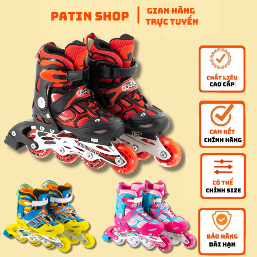 Giày patin trẻ em Cougar 835LSG (4 màu), giày patin tặng kèm bảo vệ tay chân, bánh có đèn phát sáng, có thể chỉnh size