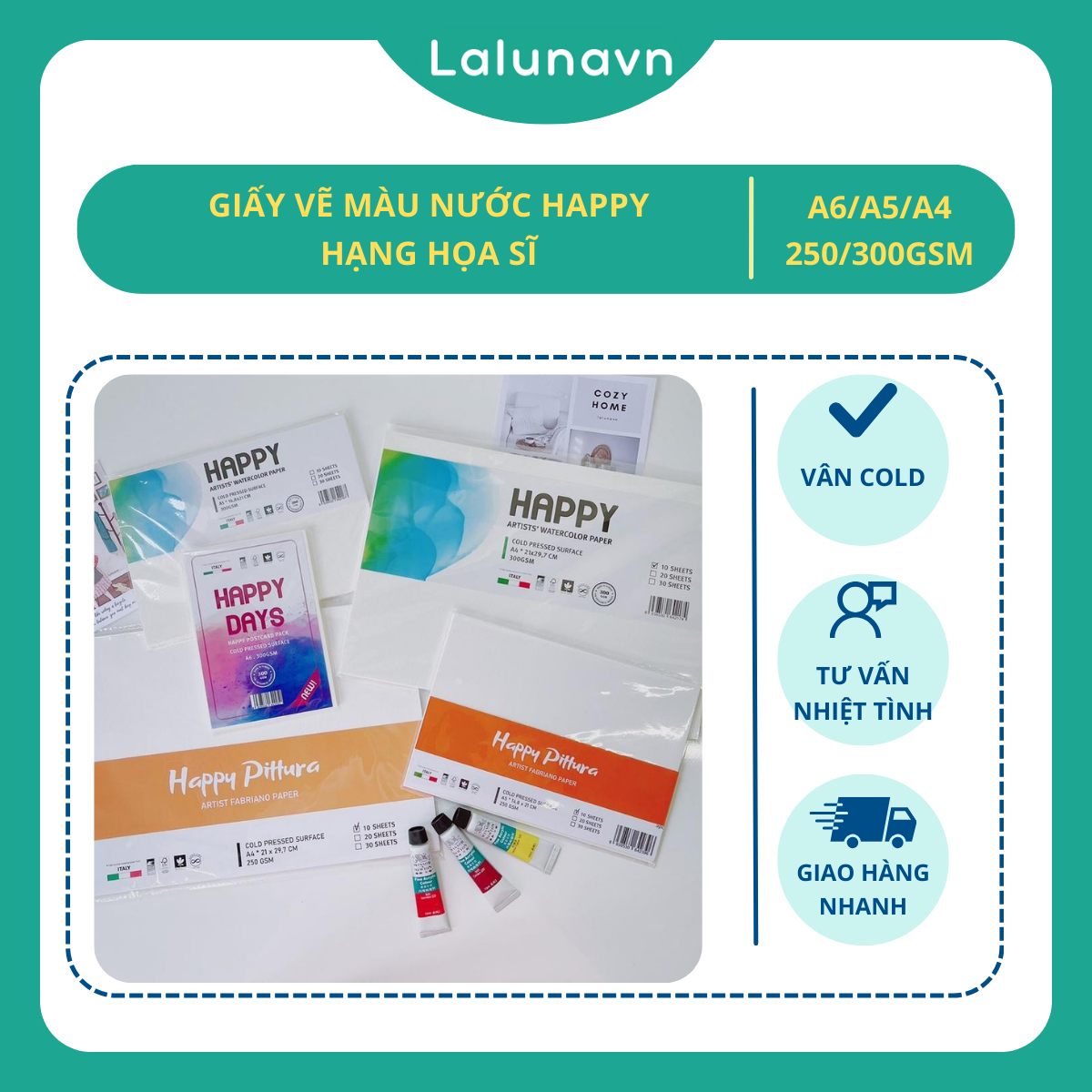 Giấy Vẽ Màu Nước HAPPY Hạng Họa Sĩ 250-300gsm A5,A4