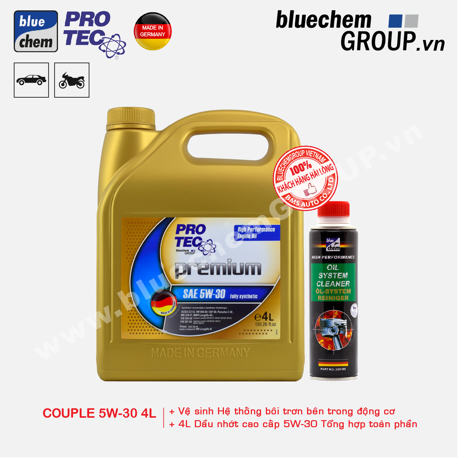 Cặp sản phẩm Bluechem Làm sạch bên trong Động cơ và Dầu nhớt Hiệu năng cao PRO-TEC Premium Tổng hợp toàn phần 5W-30 (5W30 fully synthetic)