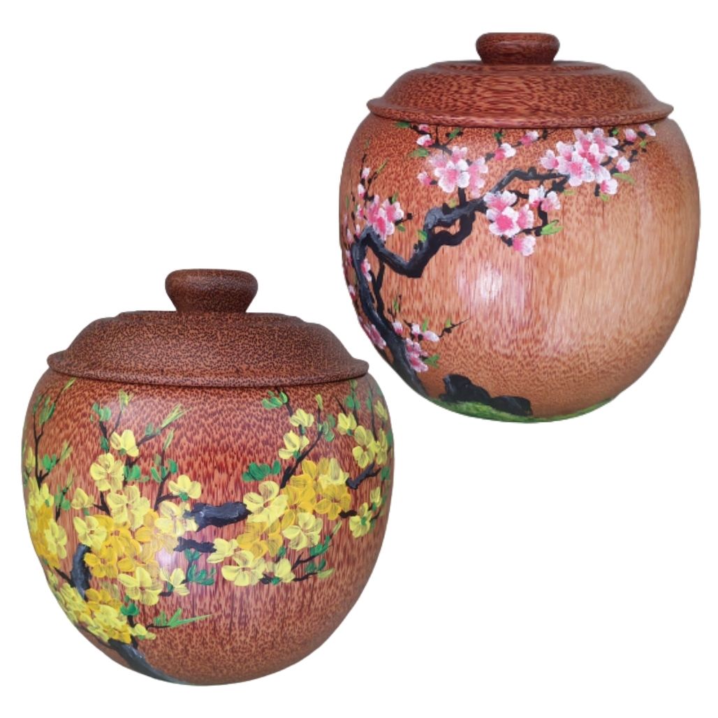 Bình Giữ Ấm Trà Gỗ Dừa Gọn Đẹp Vẽ Hoa Mai, Hoa Đào, Hoa Sen Và Bình Trà 800 – 950ml
