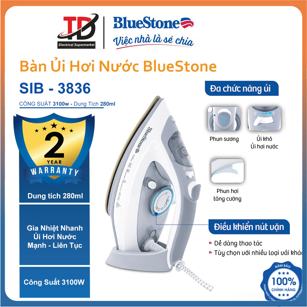  Bàn Ủi Hơi Nước BlueStone SIB-3836  3100W  - Hàng chính hãng Bảo Hành 2 Năm 