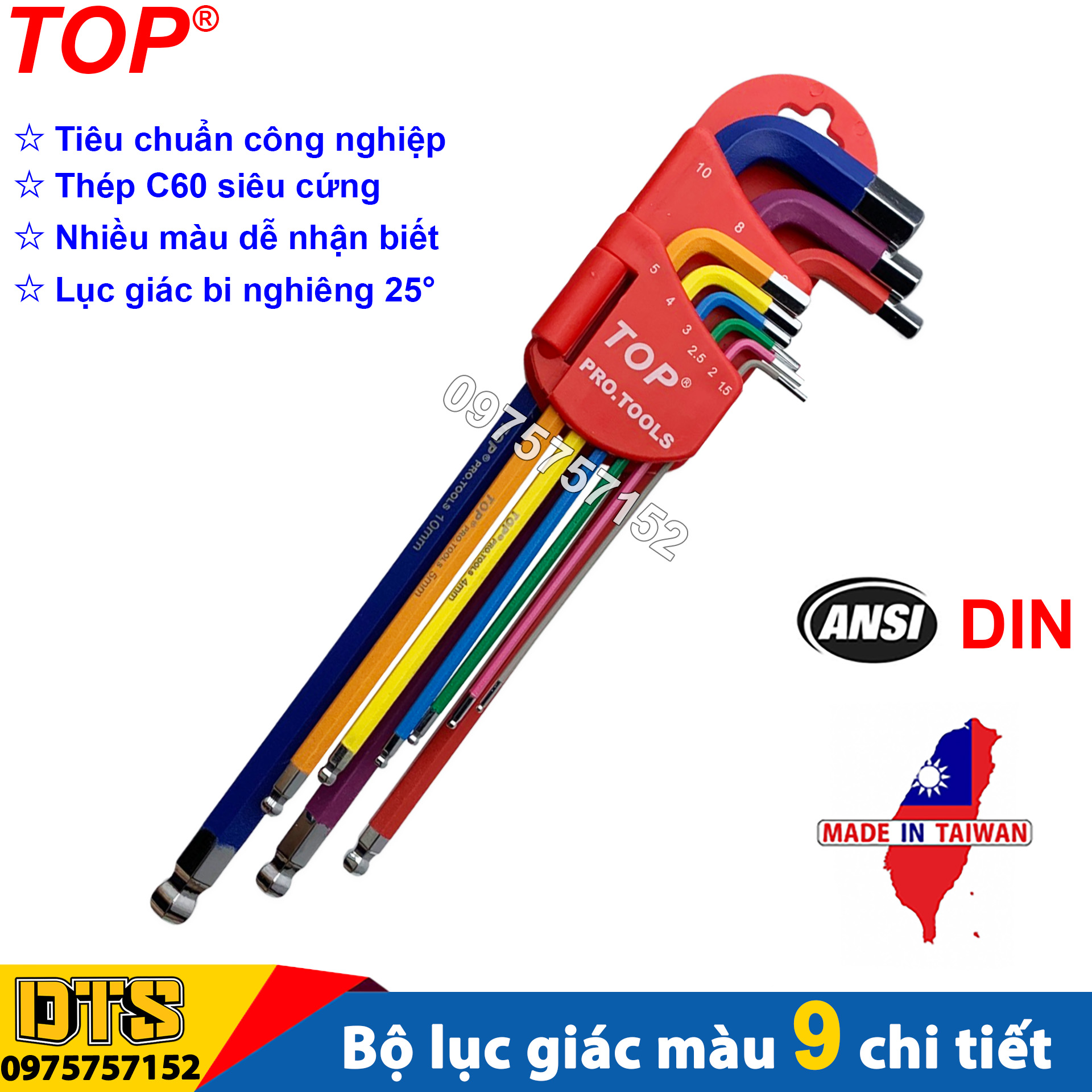 Bộ lục giác đầu bi 9 món dài nhiều màu sắc TOP PRO.TOOLS, bộ khóa lục giác bi thép C60 cao cấp siêu cứng tiêu chuẩn công nghiệp ANSI DIN, bộ khóa lục giác chìm đa năng bộ lục giác bi, bộ chìa lục giác vặn bulong ốc vít