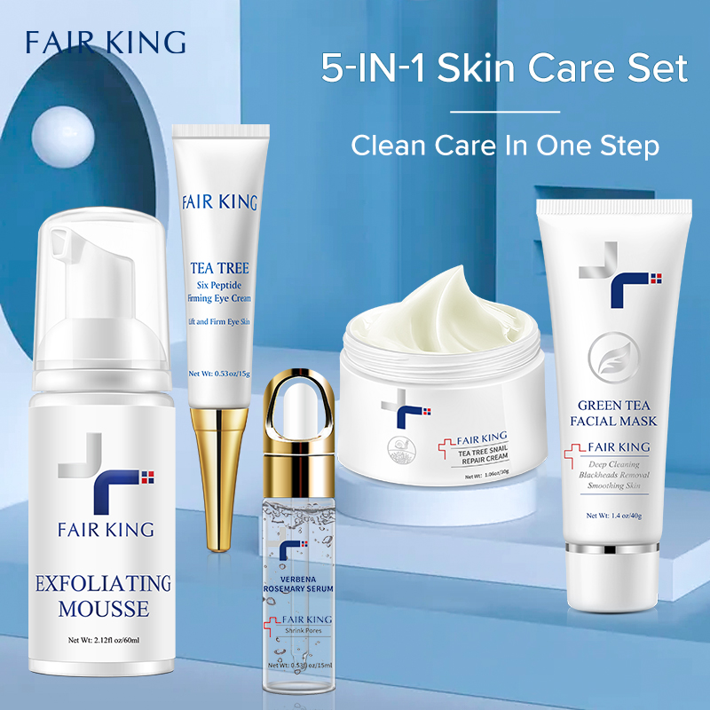 FAIR KING Gel tẩy tế bào chết + Mặt nạ trà xanh lột mụn đầu đen + Tinh chất làm trắng da + Kem giảm vết chân chim đuôi mắt + Kem tinh chất nhớt ốc sên dưỡng trắng da - INTL