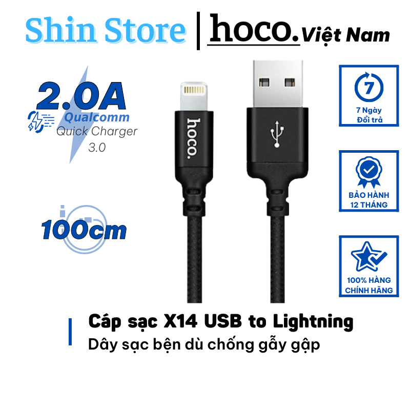 Cáp sạc nhanh 2.0A Hoco X14, Dây sạc Lightning độ dài 1M 2M -SHINSTORE