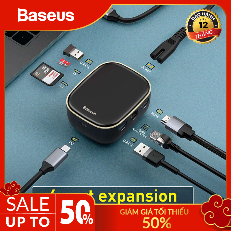 Cổng Chuyển Đổi Baseus PD Type C Sang HDMI RJ45, Đầu Đọc Thẻ Nhớ TF SD USB 3.0, Dock Sạc Nhanh 60W Cho MacBook Pro USB C (BASEUS CAHUB-AC01)
