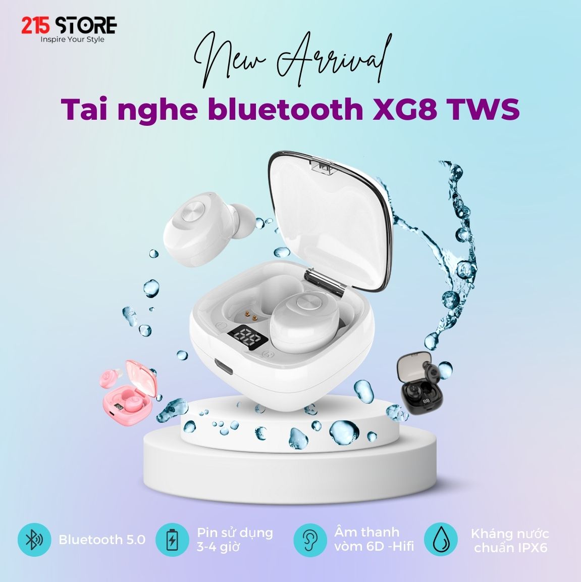 Tai nghe bluetooth, tai nghe không dây, headphone 215Store XG8 TWS kháng nước, chống ồn