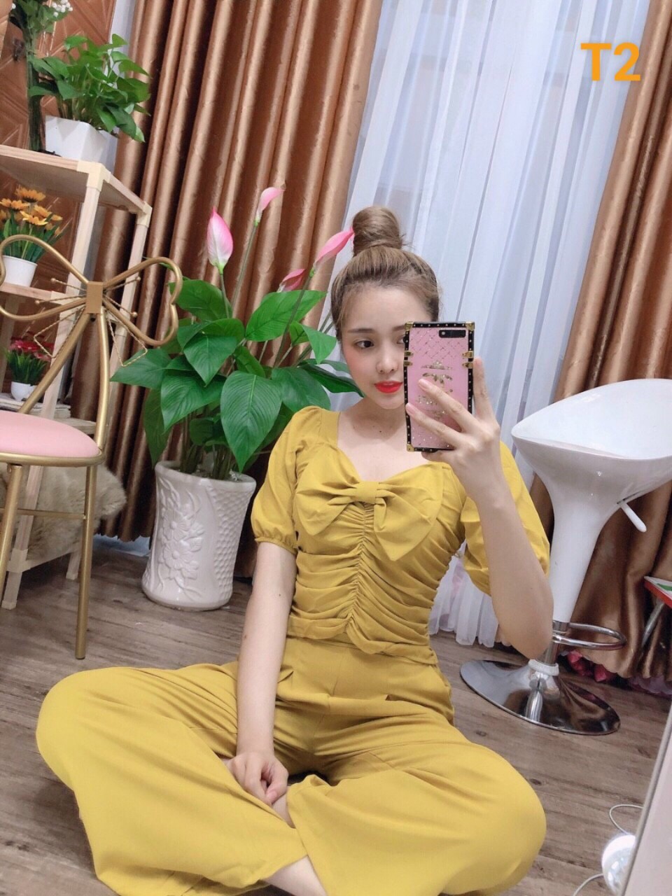 Sét bộ voan áo đính nơ thân nhúng tay phồng hot trend phối quần ống rộng nữ tính ttsa0744
