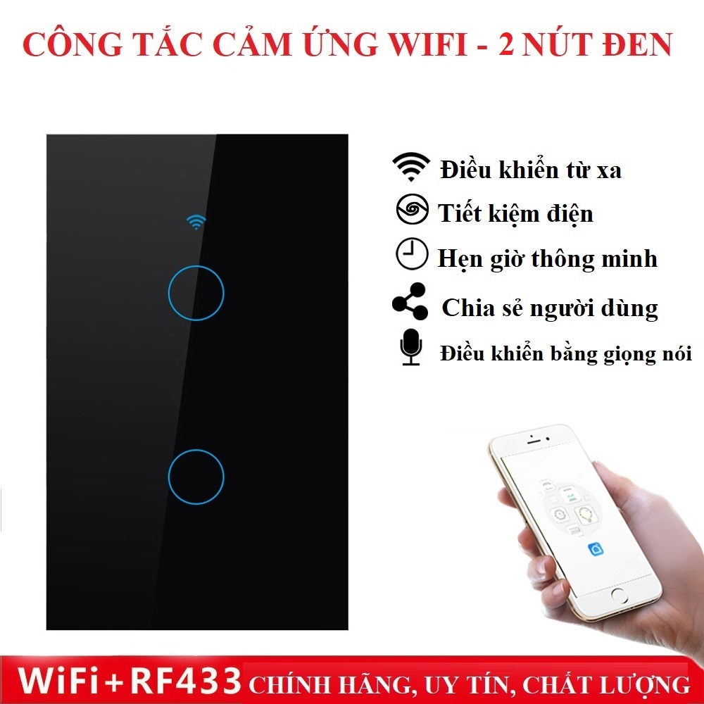 CÔNG TẮC WIFI +RF433 TUYA SMARTLIFE 2 NÚT CẢM ỨNG HÌNH CHỮ NHẬT CHO NHÀ THÔNG MINH