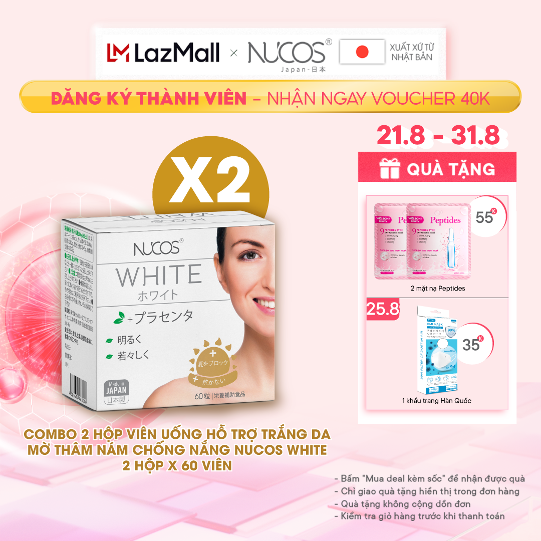 Combo 2 Hộp Viên uống trắng da mờ thâm nám chống nắng Nucos White 60 viên