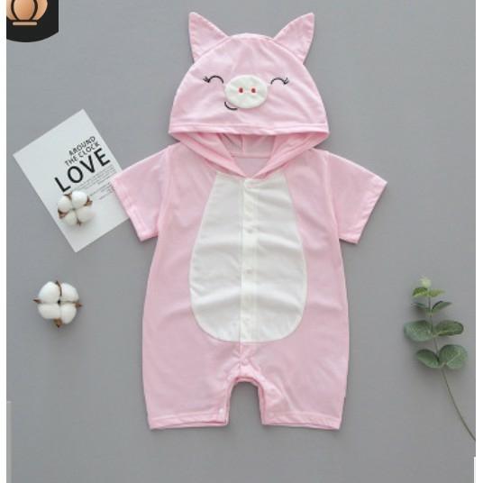 Bộ áo liền quần có mũ hình thú (heo hồng) cho bé gái 6-24 tháng