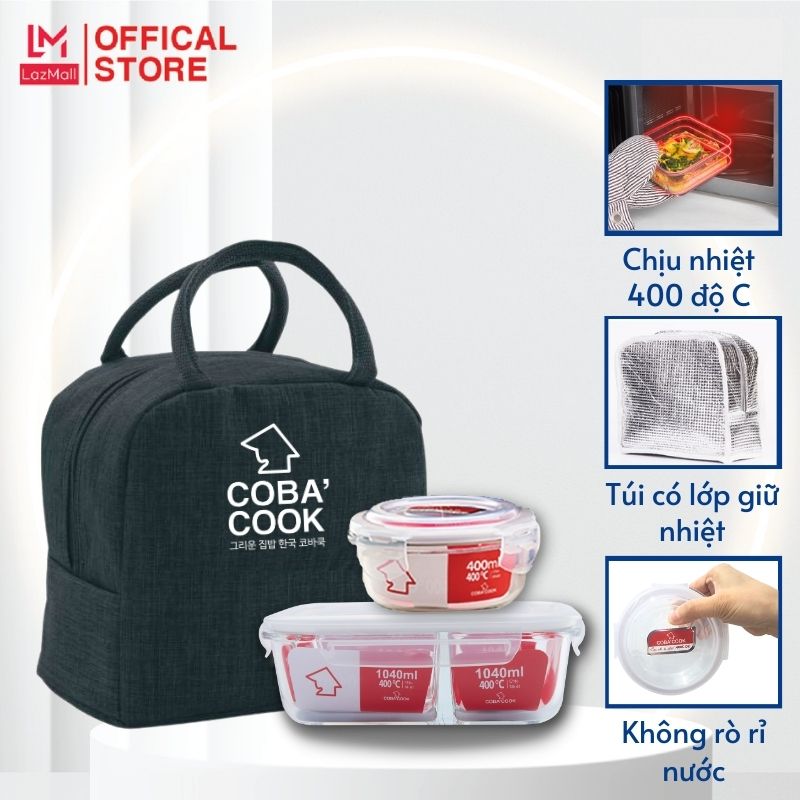 Bộ hộp chữ nhật chia 3 ngăn và hộp tròn 400ml bộ hộp cơm thủy tinh chịu nhiệt kèm túi giữ nhiệt cobacook- ccl1nr42bb