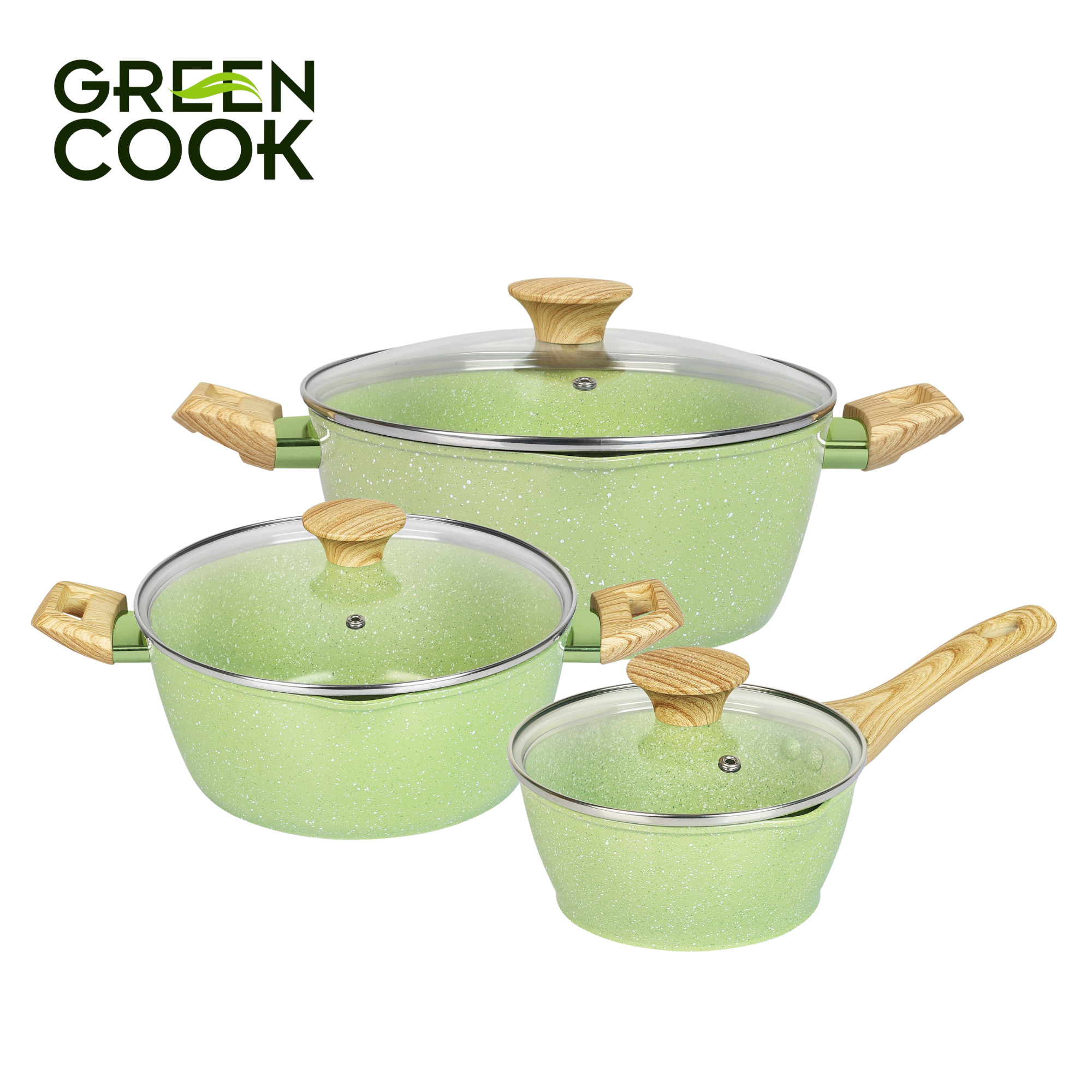 Bộ 3 nồi đúc men đá ceramic miệng rót Green Cook GCS231 màu xanh 10 lớp chống dính sử dụng được trên tất cả các loại bếp - greencook