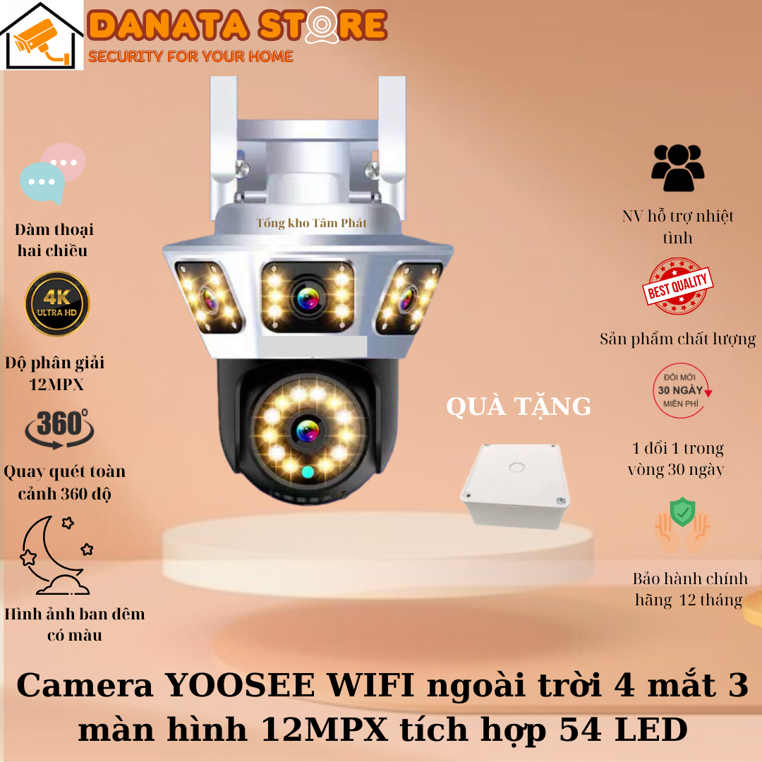 Camera yoosee 4 mắt 3 khung hình độc lập ZOOM 12X độ phân giải 12mpx siêu nét, giám sát ngoài trời chống nước, xem ban đêm có màu