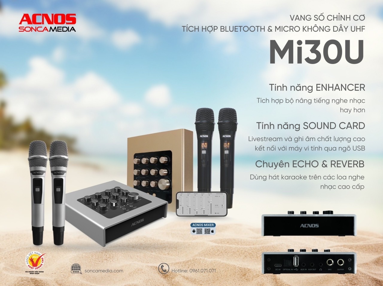 Acnos Mi30U +TÚI vang số chỉnh cơ tích hợp Bluetooth & 2 Micro không dây
