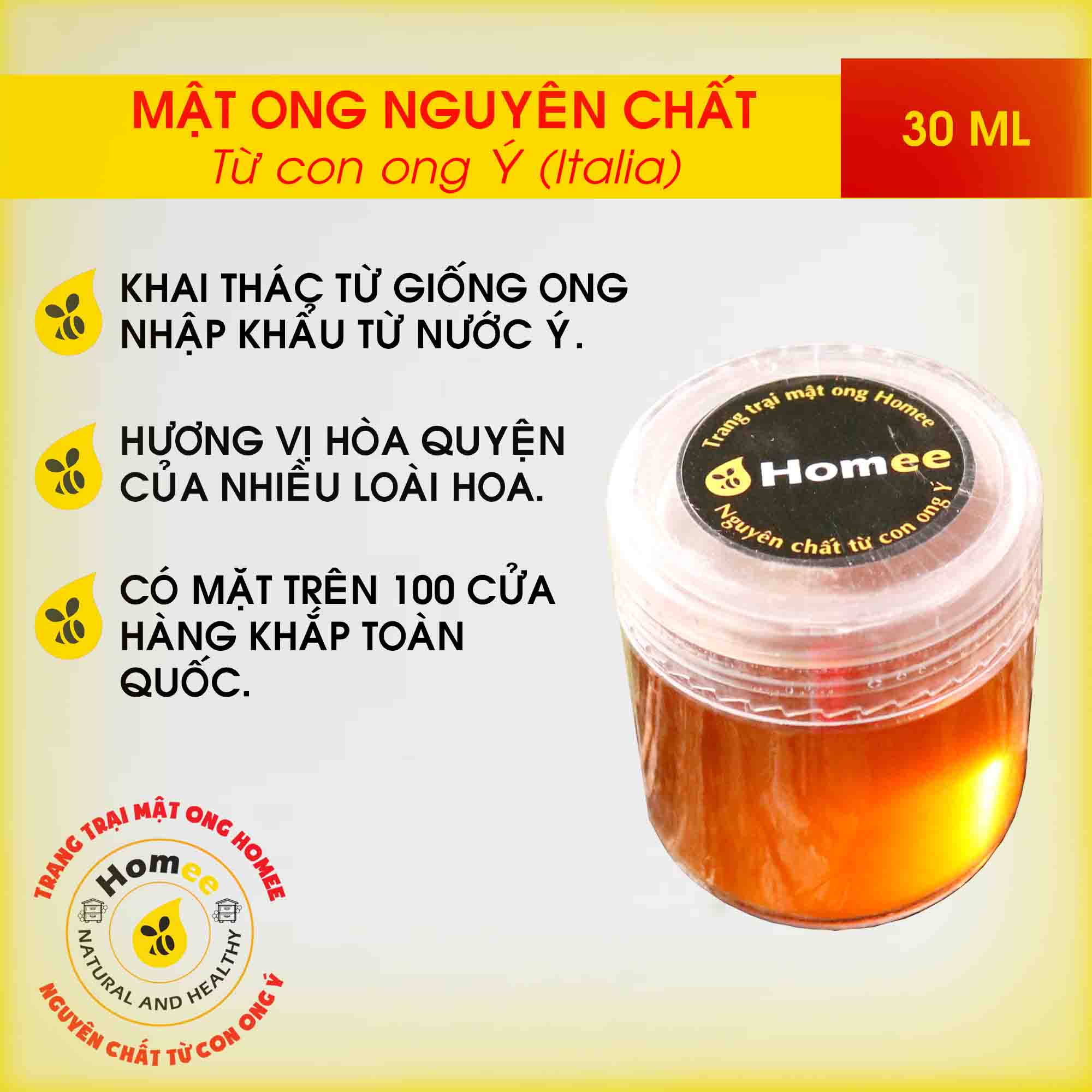 [HCM]Mật ong nguyên chất Hoa Rừng Cao Nguyên HOMEE 30ml - Mật ong khai thác từ con ong Ý (Italia) thương hiệu được bán trên 100 cửa hàng khắp toàn quốc hương vị thơm ngon hòa quyện của nhiều loài hoa cỏ rừng.